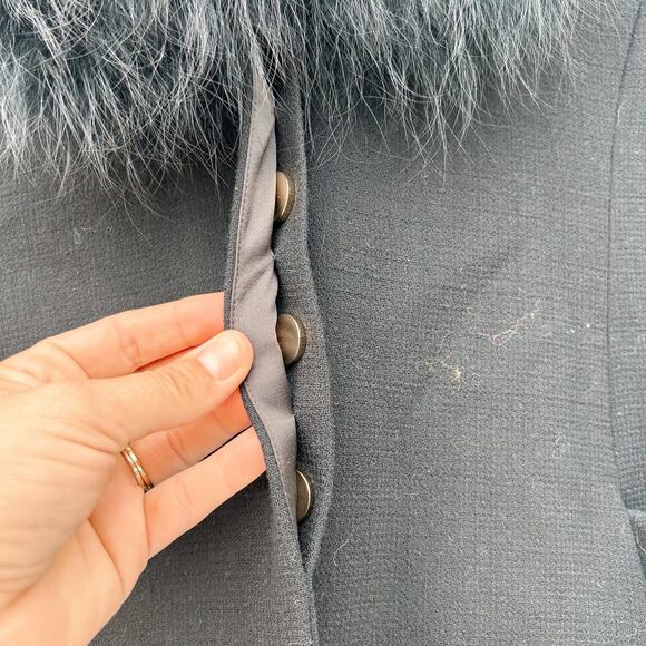 Alice + Olivia Fox Fur Mob Wife Long Wool Trench Coat Jacket Button Medium Black - Picture 8 of 13